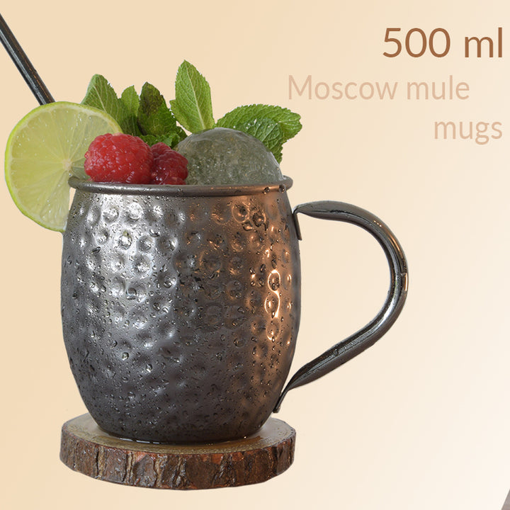 Moscow mule bekers zwart, 500 ml bekers Inclusief 4 Rietjes, 4 onderzetters, 2 ice molds & jigger