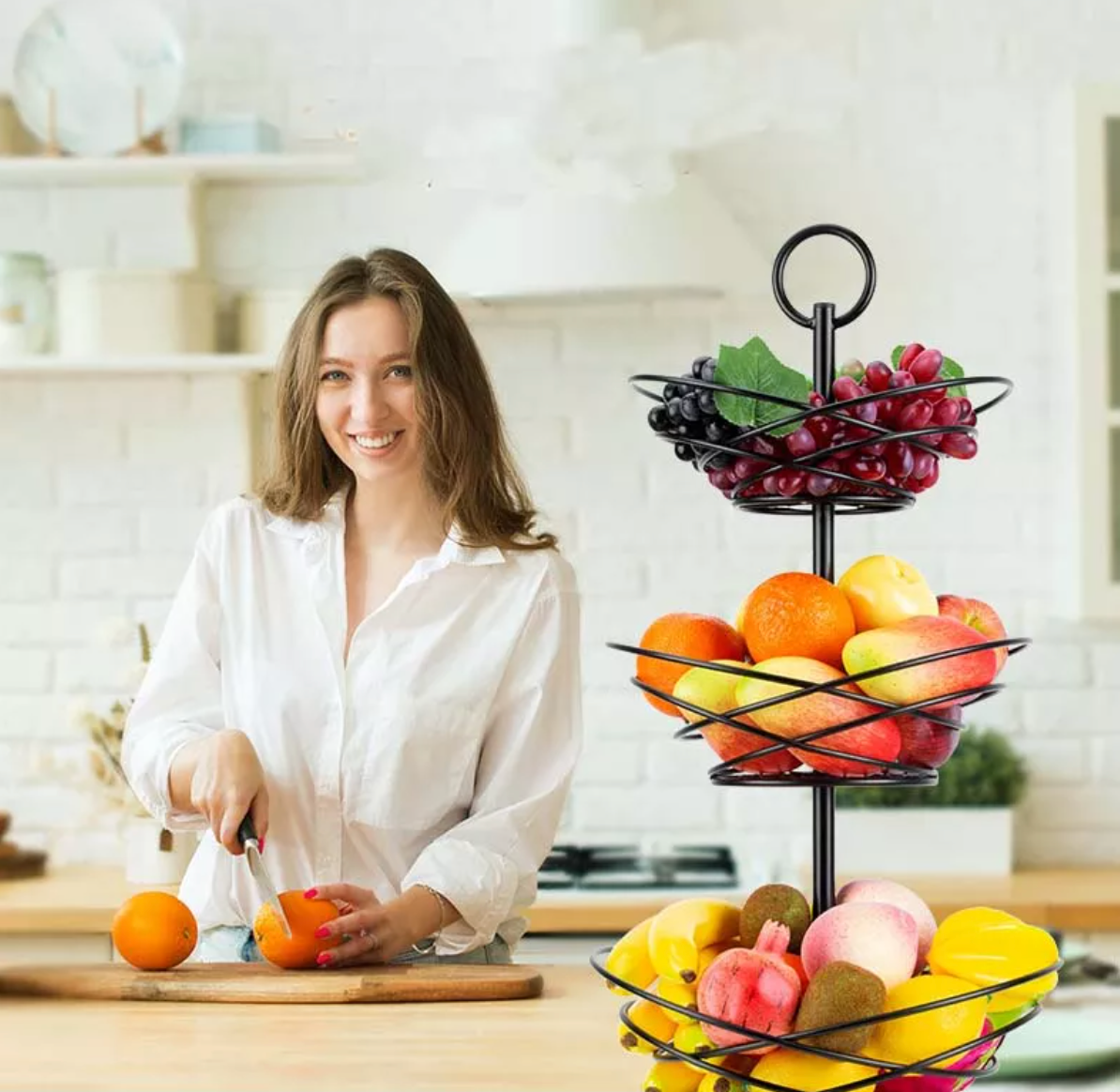 Fruitmand met 3 verdiepingen, fruitetagère fruitschaal, metaal, mat, modern, fruitschaal, etagère, voor meer ruimte op het werkblad, keuken, etagère, brood, snacks, groenten (zwart), 20 x 25 x 31 cm Fruitmand met 3 verdiepingen, fruitetagère fruitschaal, metaal, mat, modern, fruitschaal, etagère, voor meer ruimte op het werkblad, keuken, etagère, brood, snacks, groenten (zwart), 20 x 25 x 31 cm